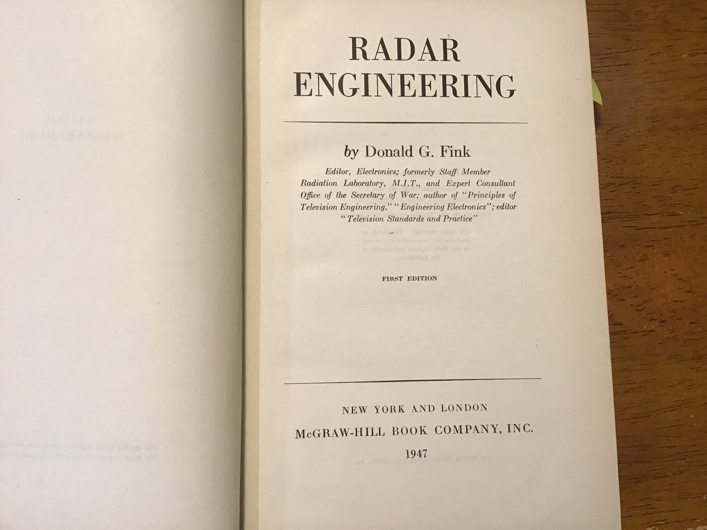 Radar Engineering Donald G. Fink 1947 First Edition McGraw-Hill WWII Radar Reference