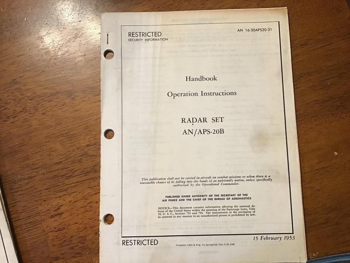 1953 AN/APS-20B Radar Set Operation Handbook AN 16-30APS20-31 Restricted USAF Navy Manual