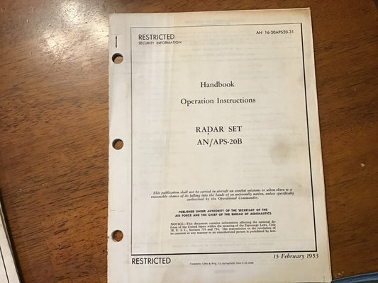 1953 AN/APS-20B Radar Set Operation Handbook AN 16-30APS20-31 Restricted USAF Navy Manual