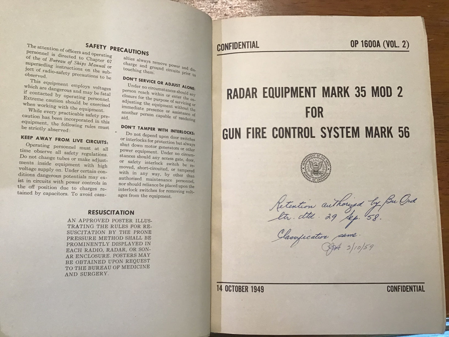 1949 US Navy Radar Equipment Mark 35 Mod 2 Gun Fire Control System Mark 56 Manual OP-1600A