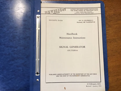 1954 AN/URM-64 Signal Generator Maintenance Manual NAVSHIPS 91434 USAF Navy Radar
