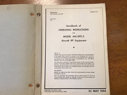 WWII 1944 AN/APX-2 Aircraft IFF Equipment Operating Instructions Handbook Manual