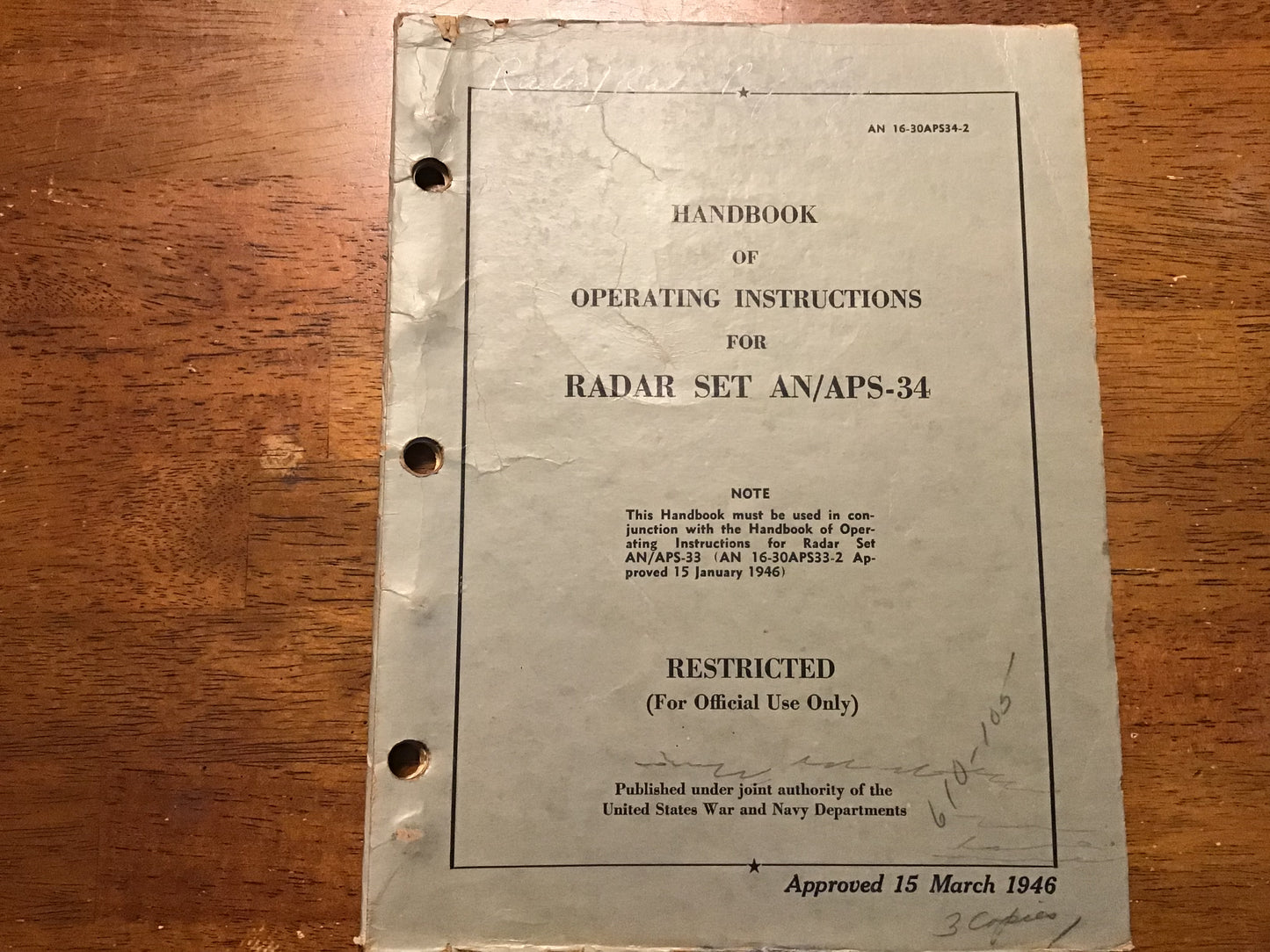 1946 AN/APS-34 Radar Operating Instructions Manual AN 16-30APS34-2 WWII USAAF Navy Original