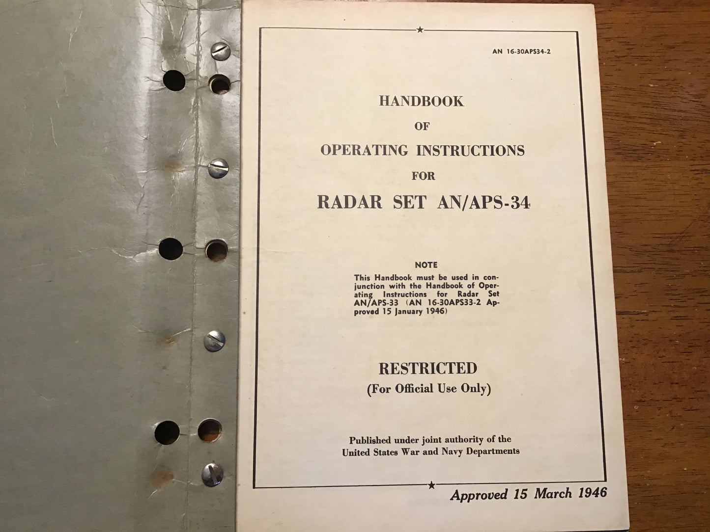 1946 AN/APS-34 Radar Operating Instructions Manual AN 16-30APS34-2 WWII USAAF Navy Original