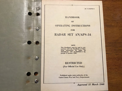 1946 AN/APS-34 Radar Operating Instructions Manual AN 16-30APS34-2 WWII USAAF Navy Original