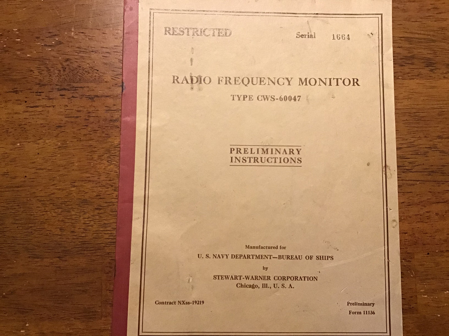 WWII US Navy Radio Frequency Monitor Type CWS-60047 Preliminary Manual Stewart-Warner