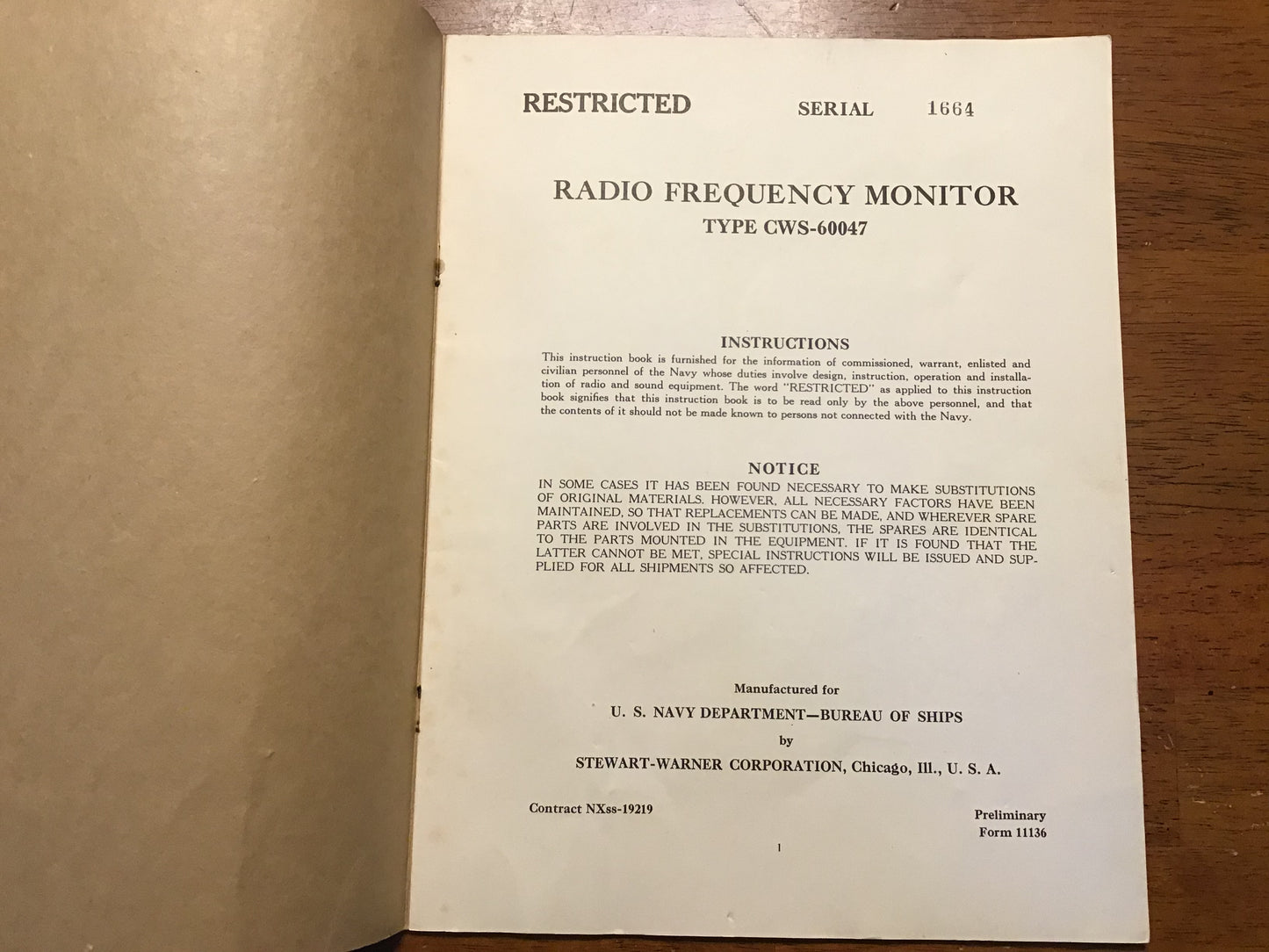 WWII US Navy Radio Frequency Monitor Type CWS-60047 Preliminary Manual Stewart-Warner