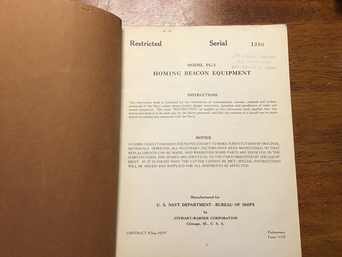 WWII US Navy Model YG-1 Homing Beacon Equipment Preliminary Manual Stewart-Warner Rare