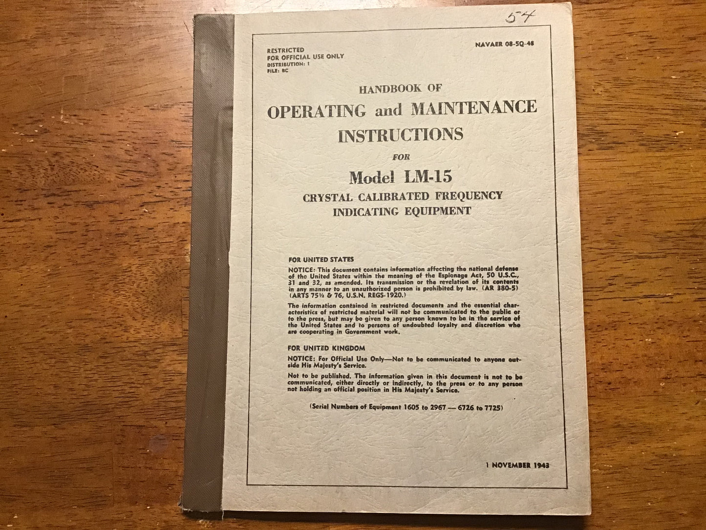 WWII US Navy Model LM-15 Crystal Calibrated Frequency Indicating Equipment Manual 1943