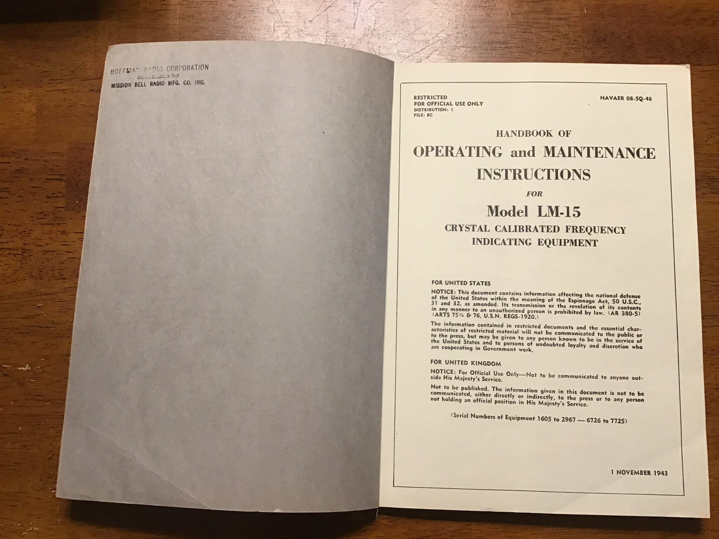WWII US Navy Model LM-15 Crystal Calibrated Frequency Indicating Equipment Manual 1943