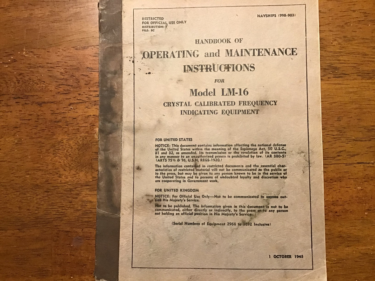 WWII US Navy Model LM-16 Crystal Calibrated Frequency Indicating Equipment Manual 1943