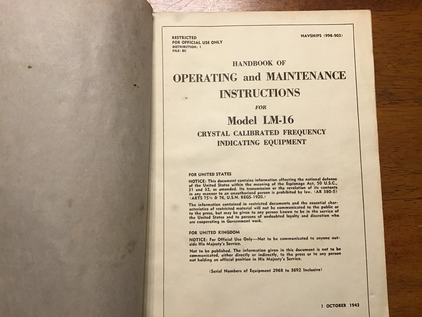 WWII US Navy Model LM-16 Crystal Calibrated Frequency Indicating Equipment Manual 1943