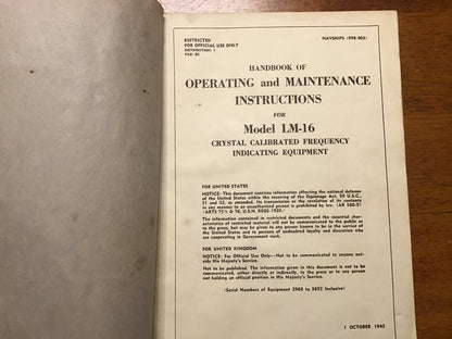 WWII US Navy Model LM-16 Crystal Calibrated Frequency Indicating Equipment Manual 1943