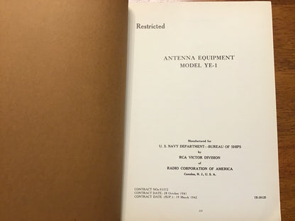WWII US Navy RCA Model YE-1 Antenna Equipment Manual Restricted 1942 Original