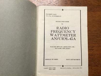 Vintage 1953 US Navy AN/URM-43A Radio Frequency Wattmeter Instruction Manual NAVSHIPS 91842