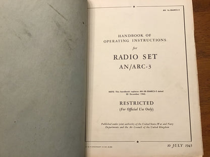 WWII AN/ARC-3 Radio Set Manual Binder Operating & Maintenance Instructions 1944-45 Restricted