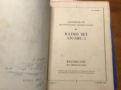 WWII AN/ARC-3 Radio Set Manual Binder Operating & Maintenance Instructions 1944-45 Restricted