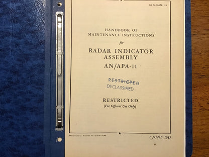 WWII AN/APA-11 Radar Indicator Assembly Manual Set 1945 Parts & Maintenance Binder Restricted