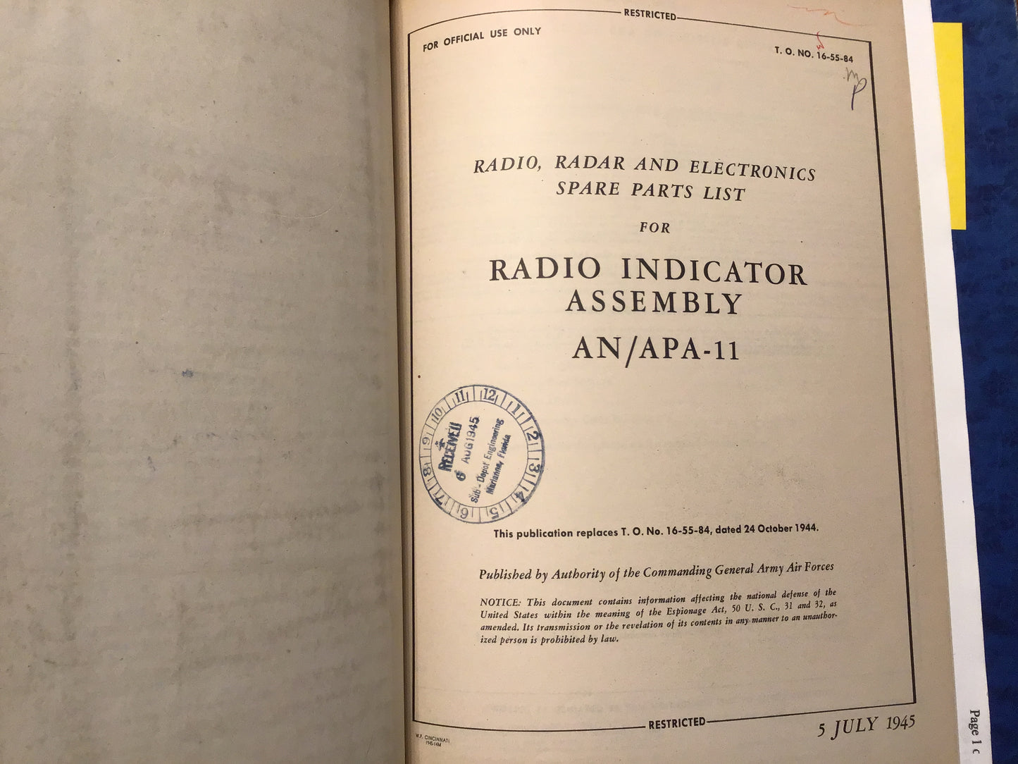 WWII AN/APA-11 Radar Indicator Assembly Manual Set 1945 Parts & Maintenance Binder Restricted