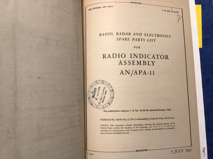 WWII AN/APA-11 Radar Indicator Assembly Manual Set 1945 Parts & Maintenance Binder Restricted