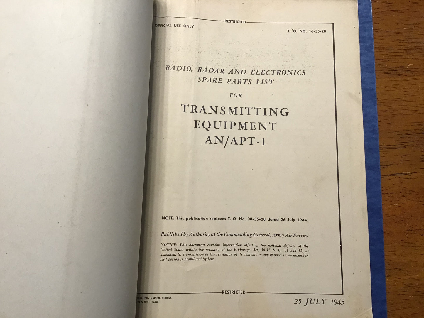 WWII AN/APT-1 Transmitting Equipment Manual Set 1944-45 T.O. 08-55-28 Army Air Forces
