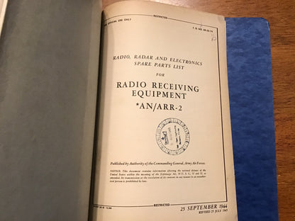 WWII AN/ARR-2 Aircraft Radio Receiving Equipment Manual Set NAVAER 1943-45 Binder