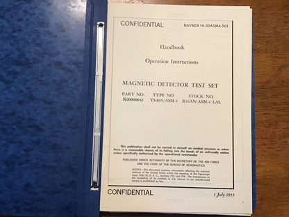 1955 U.S. Navy TS-835/ASM-4 Magnetic Detector Test Set Manual Binder NAVAER 16-30ASM4 Complete Set