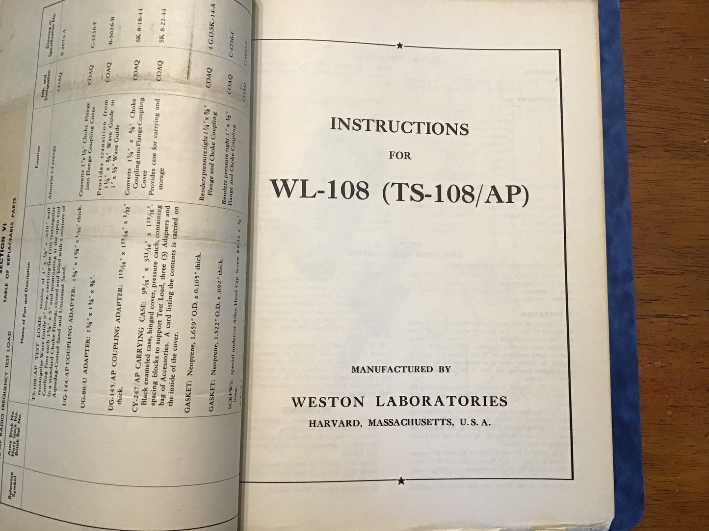 WWII U.S. Navy TS-108/AP Radio Frequency Load Manual WL-108 Weston Laboratories Original Binder
