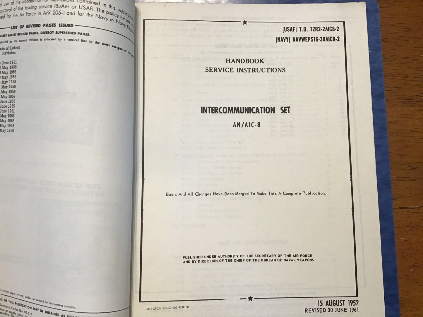 AN/AIC-8 Aircraft Intercommunication Set Manual Binder USAF Navy T.O. 12R2-2AIC8 WWII/Korean War