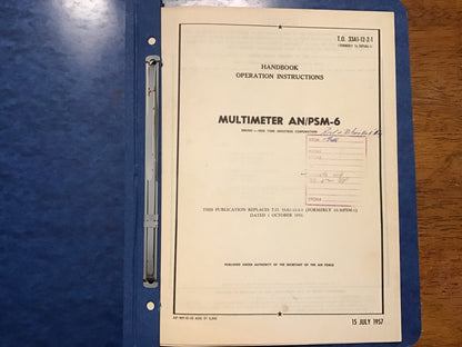 Vintage AN/PSM-6 Military Multimeter Technical Manual Binder USAF Test Equipment 1957