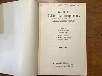 1940 RCA Radio at Ultra-High Frequencies First Edition Technical Reference Book VHF