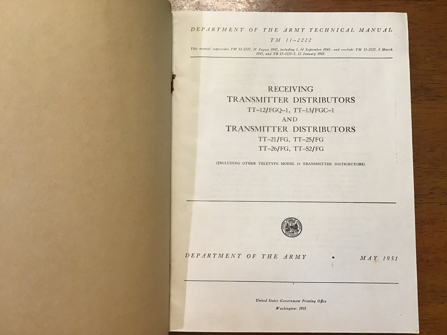 TM 11-2222 Receiving & Transmitter Distributors TT-12/FGQ-1 TT-21/FG Teletype Manual 1951