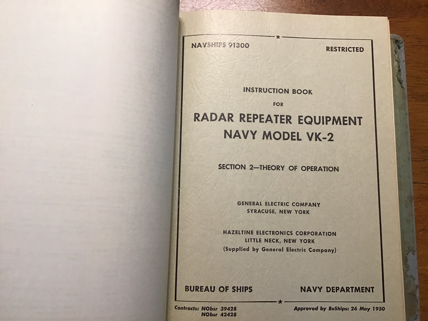 1950 NAVSHIPS 91300 Radar Repeater Equipment Navy Model VK-2 Instruction Book GE Restricted