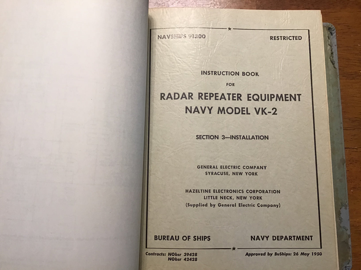 1950 NAVSHIPS 91300 Radar Repeater Equipment Navy Model VK-2 Instruction Book GE Restricted