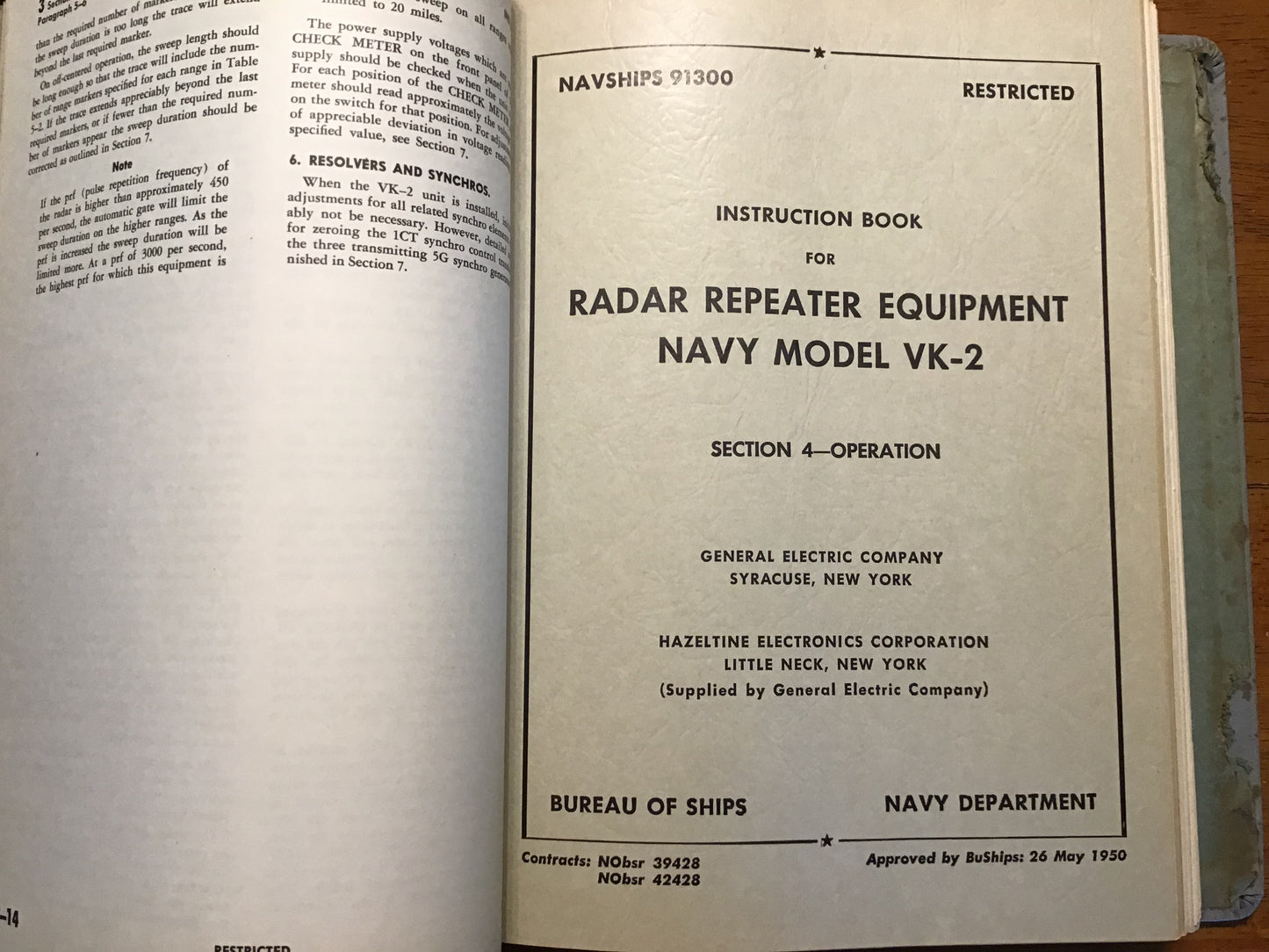 1950 NAVSHIPS 91300 Radar Repeater Equipment Navy Model VK-2 Instruction Book GE Restricted