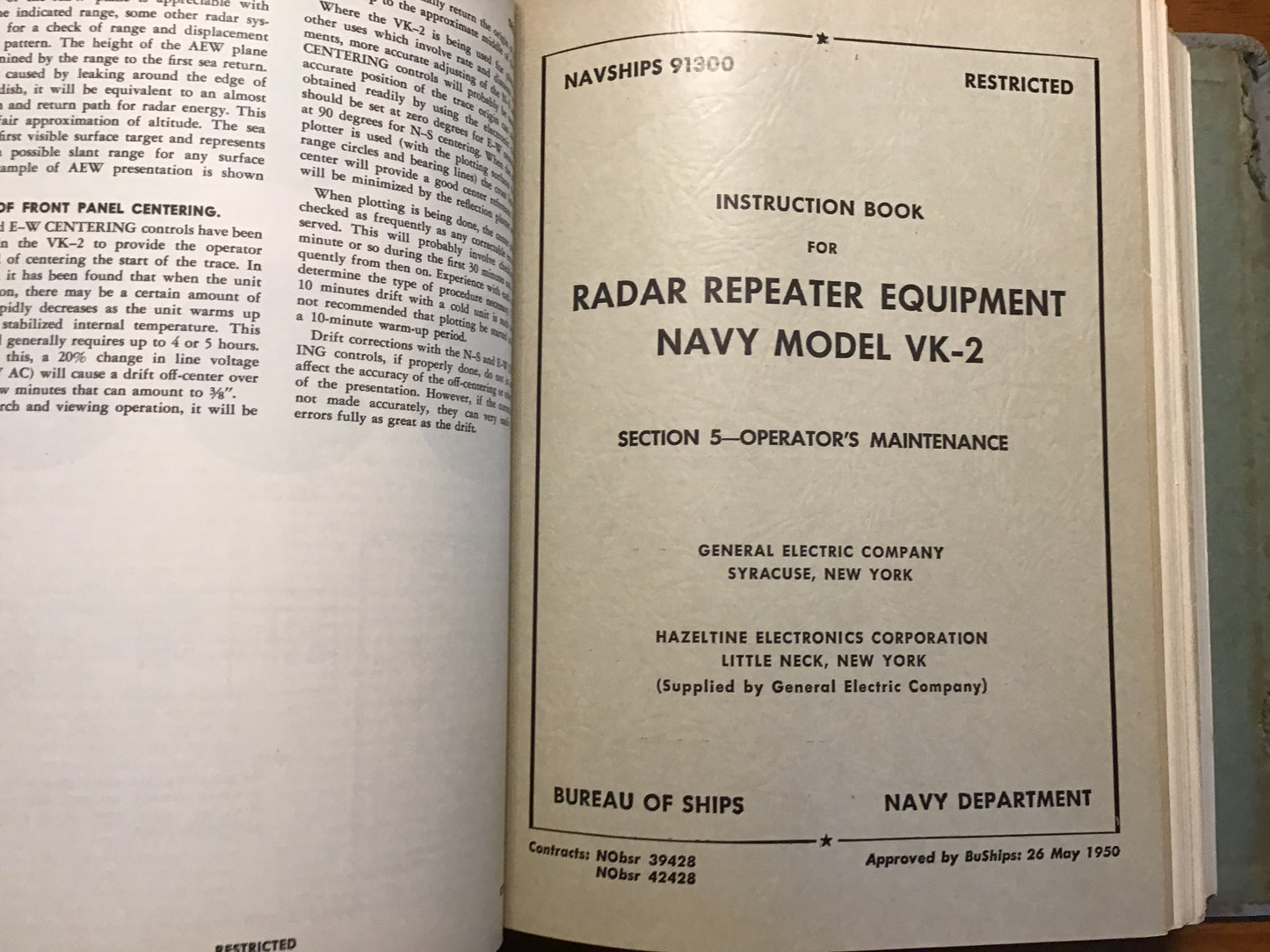 1950 NAVSHIPS 91300 Radar Repeater Equipment Navy Model VK-2 Instruction Book GE Restricted