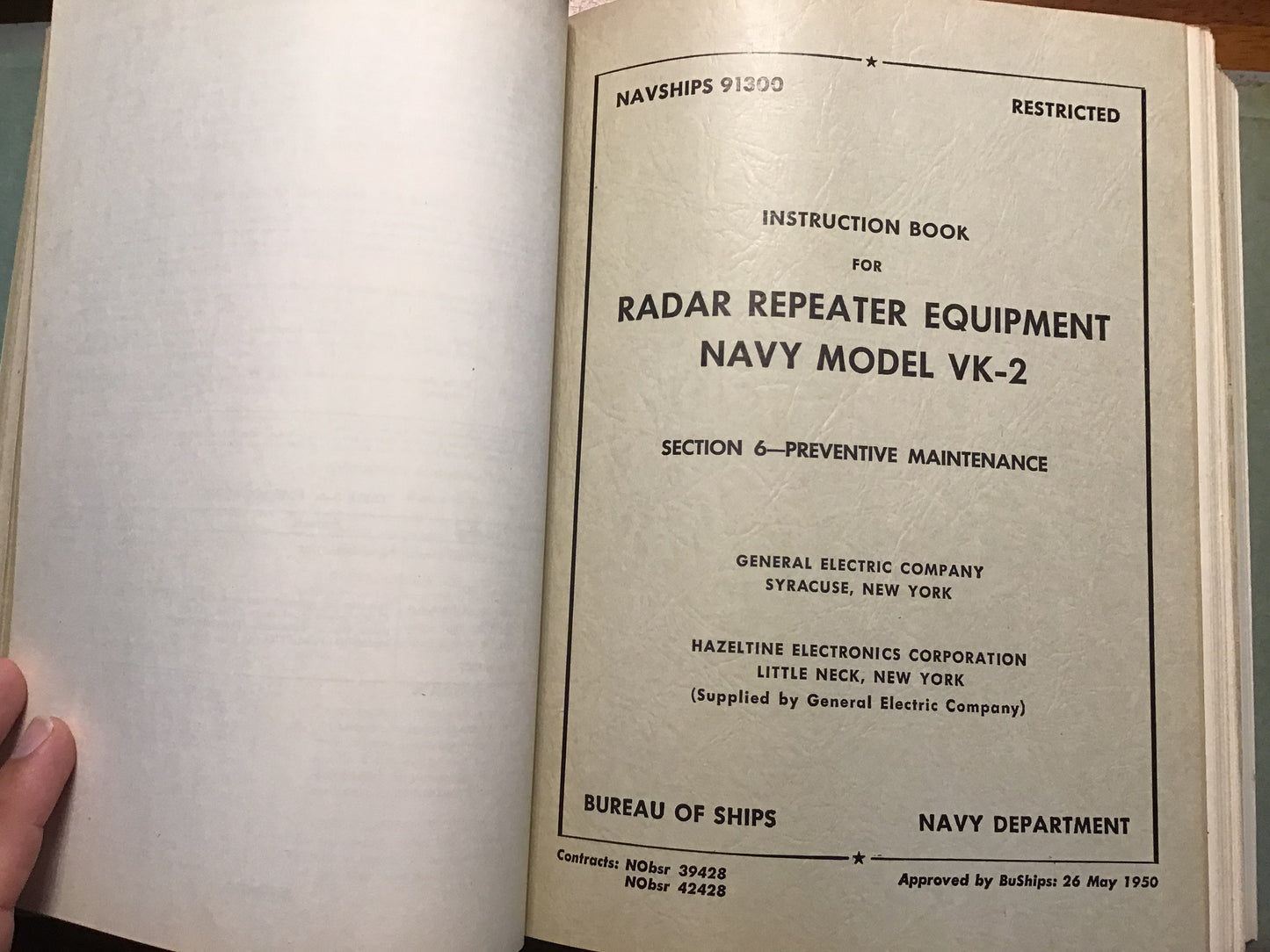 1950 NAVSHIPS 91300 Radar Repeater Equipment Navy Model VK-2 Instruction Book GE Restricted