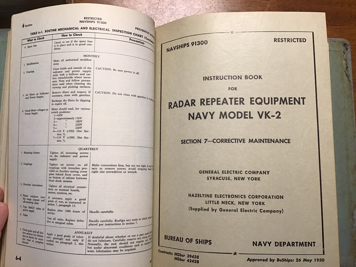 1950 NAVSHIPS 91300 Radar Repeater Equipment Navy Model VK-2 Instruction Book GE Restricted