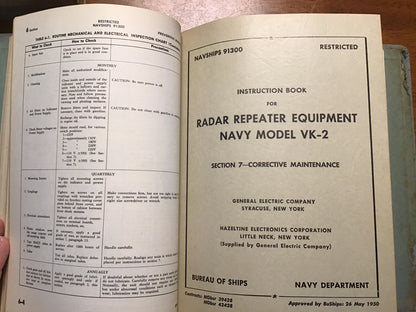 1950 NAVSHIPS 91300 Radar Repeater Equipment Navy Model VK-2 Instruction Book GE Restricted