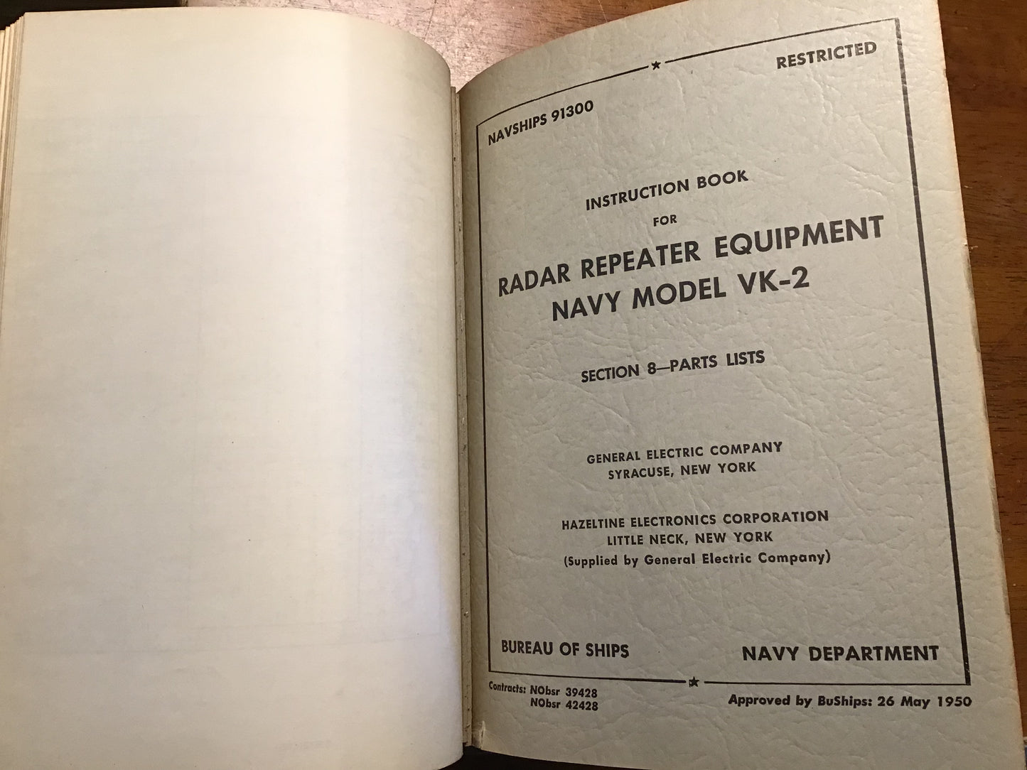 1950 NAVSHIPS 91300 Radar Repeater Equipment Navy Model VK-2 Instruction Book GE Restricted