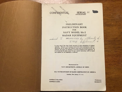 WWII US Navy Model SA-2 Radar Equipment Preliminary Instruction Book RCA BuShips SHIPS 276