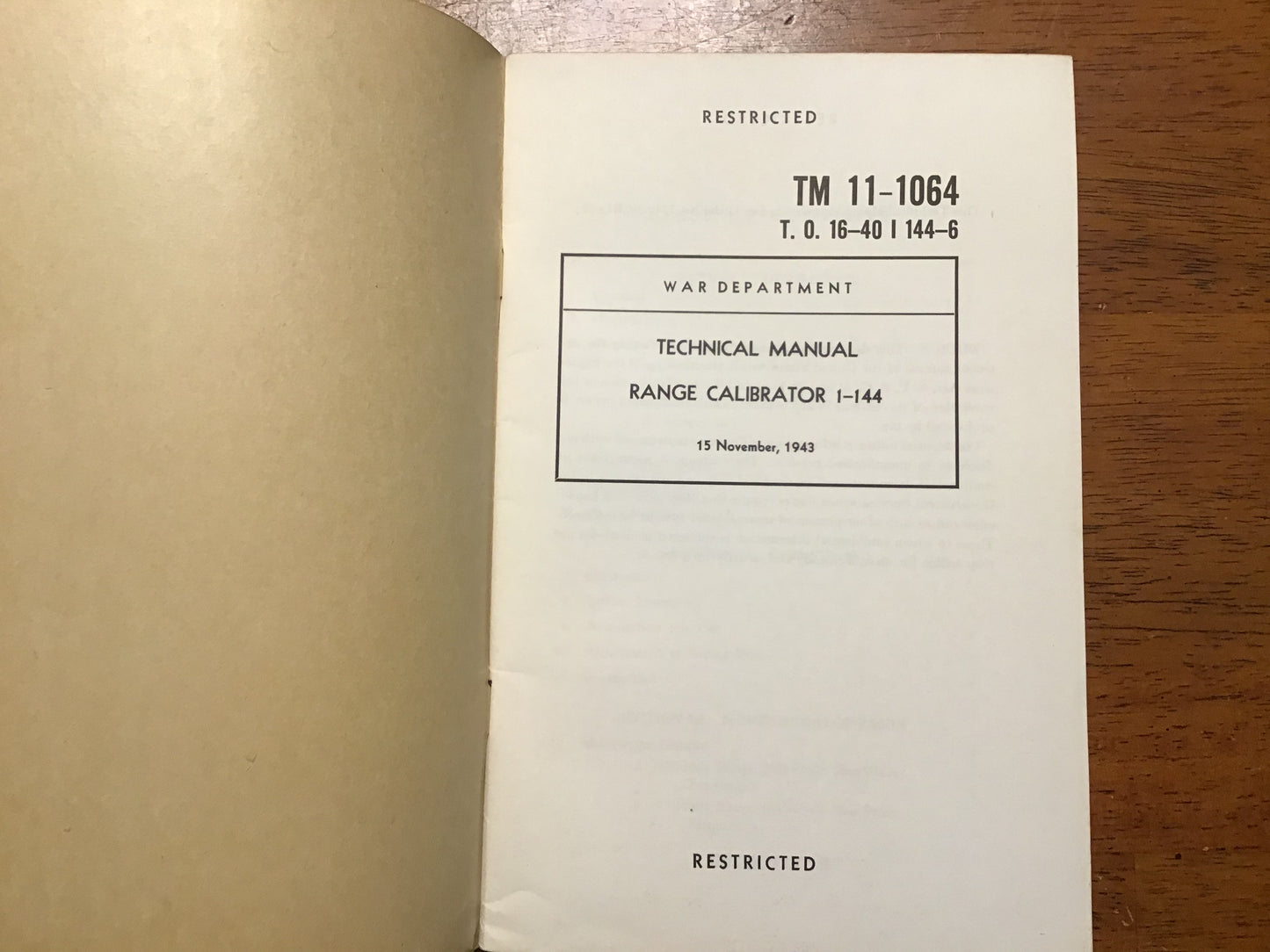 WWII TM 11-1064 Range Calibrator I-144 Technical Manual 1943 Restricted Radar USAAF