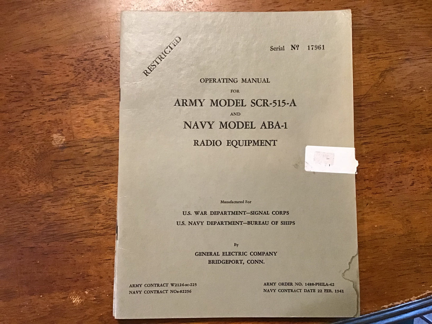 WWII SCR-515-A ABA-1 Radio Equipment Operating Manual 1942 General Electric Signal Corps