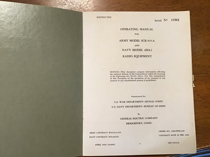 WWII SCR-515-A ABA-1 Radio Equipment Operating Manual 1942 General Electric Signal Corps