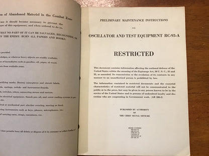 WWII Bendix RC-93-A Oscillator Test Equipment Maintenance Manual Restricted Signal Corps