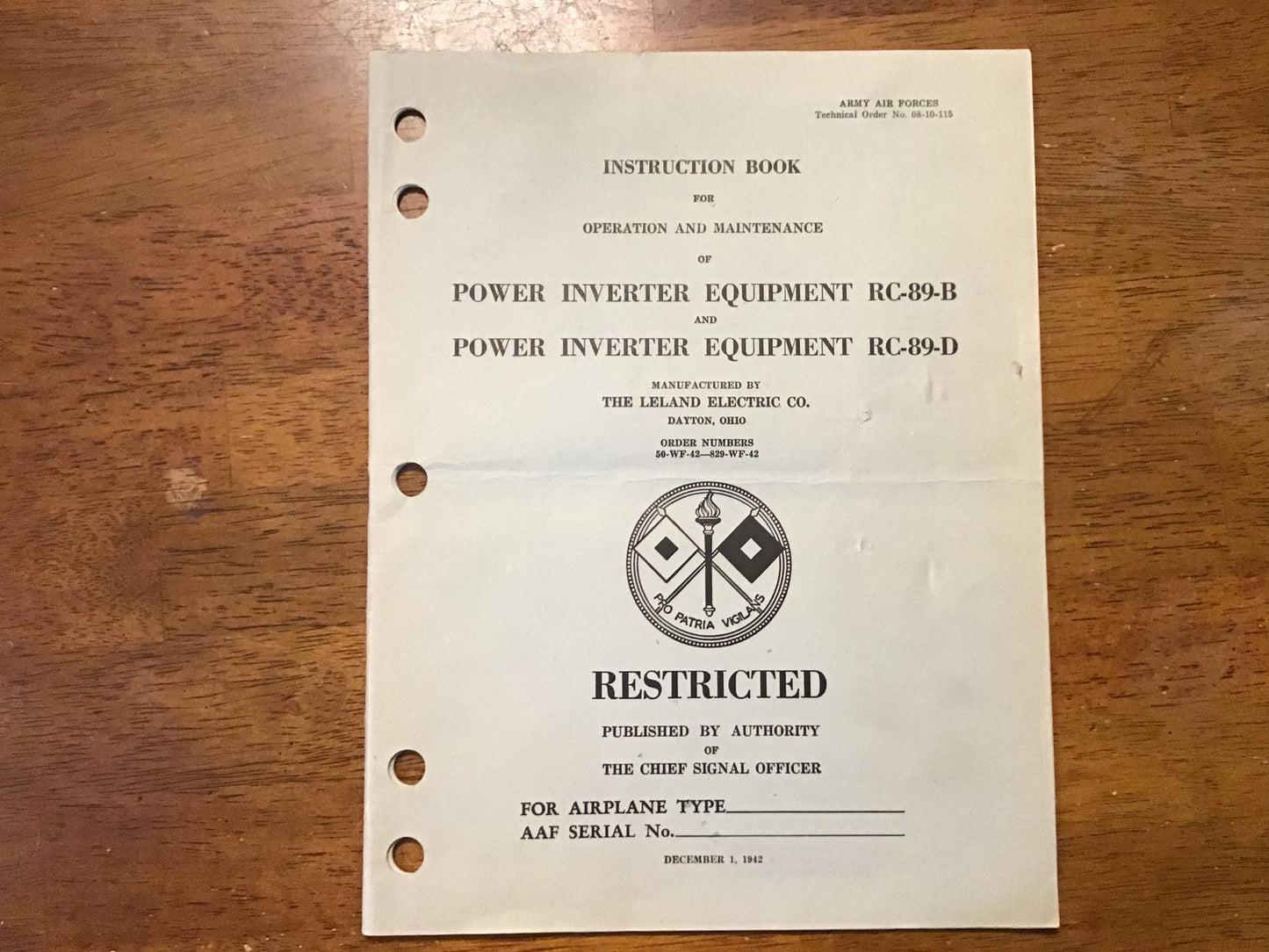 WWII Army Air Forces RC-89-B RC-89-D Power Inverter Equipment Manual 1942 Restricted