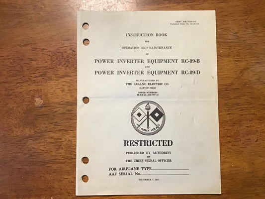 WWII Army Air Forces RC-89-B RC-89-D Power Inverter Equipment Manual 1942 Restricted