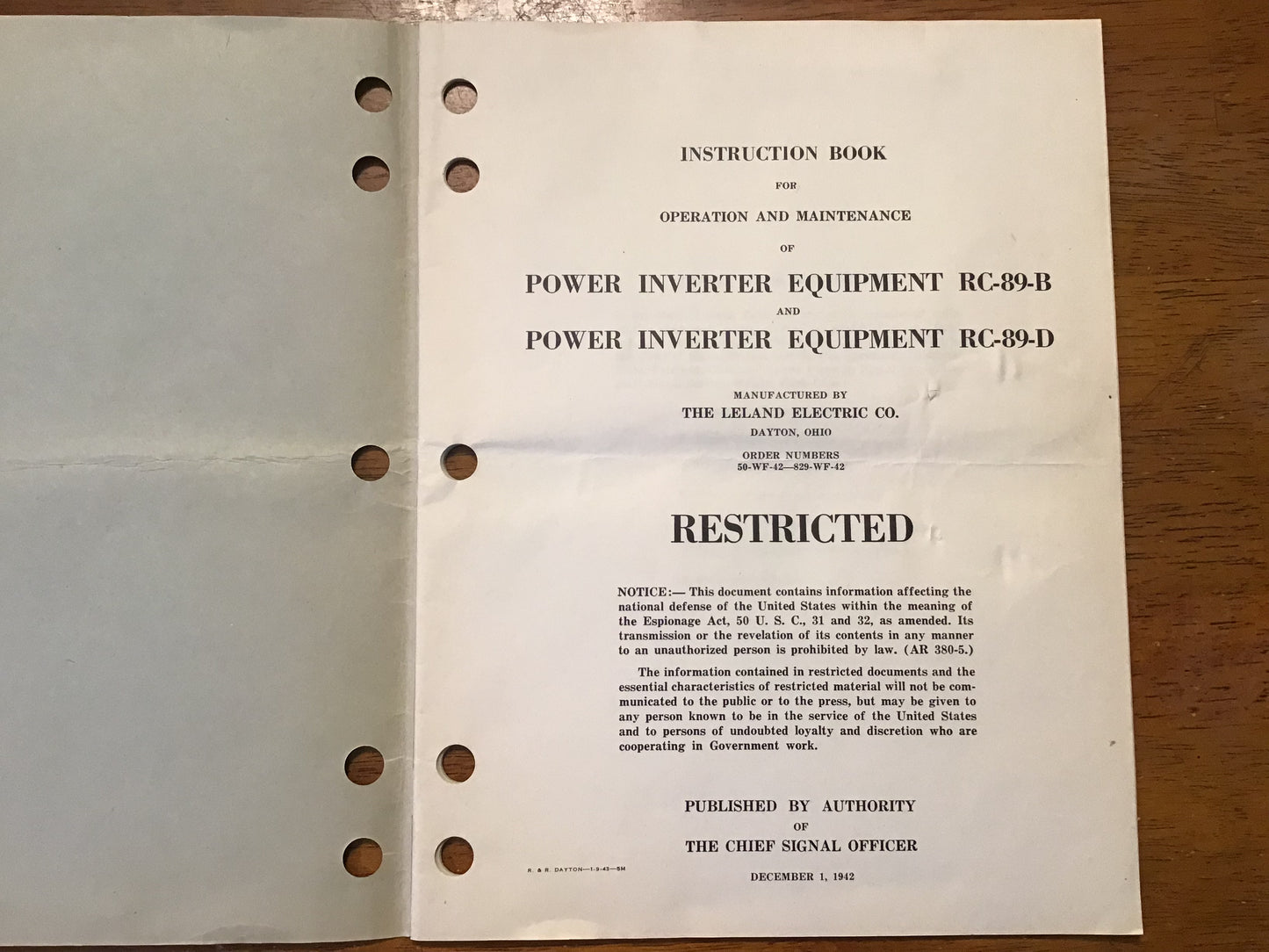 WWII Army Air Forces RC-89-B RC-89-D Power Inverter Equipment Manual 1942 Restricted