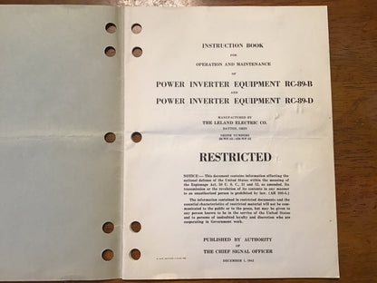 WWII Army Air Forces RC-89-B RC-89-D Power Inverter Equipment Manual 1942 Restricted