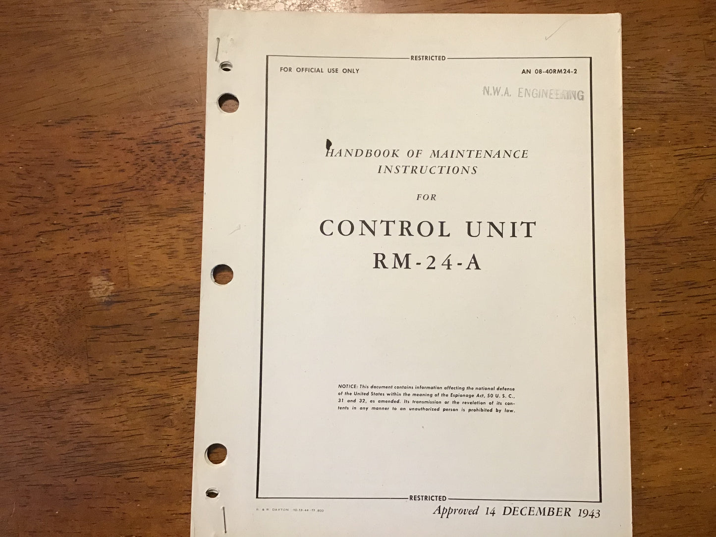 WWII Control Unit RM-24-A Maintenance Manual 1943 AN 08-40RM24-2 Restricted Army Air Forces
